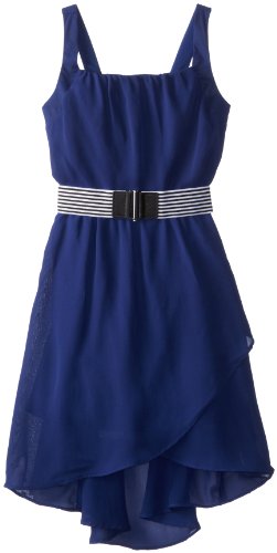 Amy Byer Girls 7-16 Belted High Low Chiffon Dress with Criss Cross Back, Navy, 14