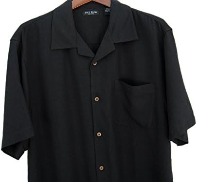 Mens Solid Black Silk Camp Shirt Casual (Small)