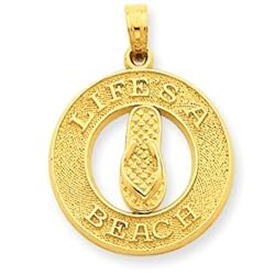14k Life's a Beach on Round Frame w/Flip-Flop Pendant