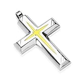 Men's Polished Stainless Steel Gold Star Centered Cross Pendant & Free Chain - Length 60cms