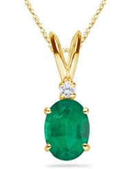 0.02 Cts Diamond & 1.05 Cts of 8x6 mm AA Oval Natural Emerald Solitaire Pendant in 14K Yellow Gold