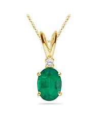 0.02 Cts Diamond & 0.35 Cts of 6x4 mm AA Oval Natural Emerald Solitaire Pendant in 14K Yellow Gold