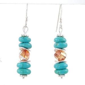 Turquoise Gemstone and Swarovski Crystal Bead Dangle Earrings with Sterling Silver Discs, #8167