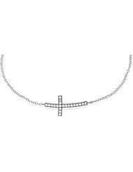 Sterling Silver 16" Curved Small Sideways Cross CZ Necklace