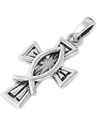 Sterling Silver Cross Ichthys Pendant Gift Christian Charm Pure 925 New 24mm with 2mm Rope Chain