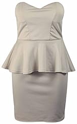 Strapless Flared-Skirt Polyester Fitted Peplum Bodycon Dress 