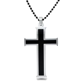 Stainless Steel Cross Pendant With Black Resin Inlay 24 inch Black Ball Chain - W 27mm x H 48mm