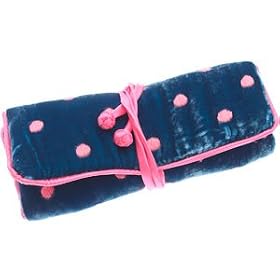 Lua Dotty Velvet Jewellery Roll in Sea Green and Bright Pink