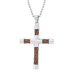 Men's Stainless Steel Cable Cross Pendant with Brown Plating, 22''