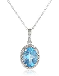 10K White Gold Oval Blue Topaz and Diamond-Framed Pendant Necklace, 18"