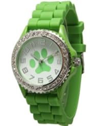 Lime Green Paw Face Silicone Watch w/ CZ Crystal Rhinestones Face Bling
