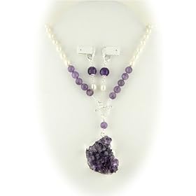 Amethyst Crystals Stone Pendant Freshwater Pearl Lariat Necklace Earrings ne1221