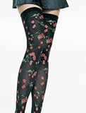 Opaque Thigh High Nylon Stocking with Cherry Prints