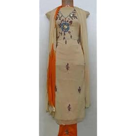 Buy Beautiful Beige Chiffon Embroidered Salwar Kameez Unstitched Dress Material with Dupatta by Utasv