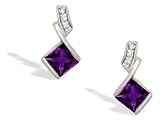 14K White Gold Genuine Square Amethyst and Diamond Drop Earrings