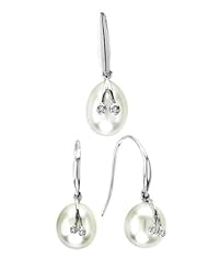 14K White Gold 0.02 cttw Drop With A Cute Twist Diamond and White Pearl Set