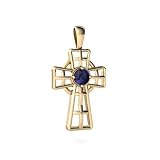 14K Yellow Gold Round Genuine Sapphire Celtic Cross Pendant