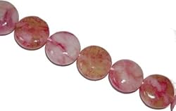 Peach flower jade coin beads, 15x15mm, sold per 16-inch strand.