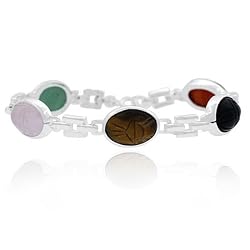 Sterling Silver Bracelet with Scarab cut Genuine Aventurine, Onyx, Rose Quartz, Tiger Eye, Lapis