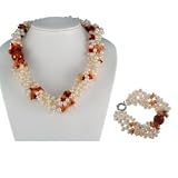 Silvertone Metal Cultured Freshwater Pearl and Red Chalcedony Necklace and Bracelet Set