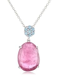 Sterling Silver Fancy Cut Rubellite Tourmaline and Swiss Blue Topaz Pendant Necklace, 18"