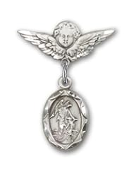 Sterling Silver Baby Badge with Guardian Angel Charm and Angel with Wings Badge Pin
