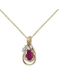 10k Yellow Gold Oval Ruby And Diamond Teardrop Pendant with 18" Chain
