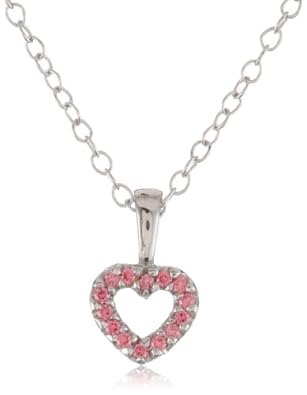 Cheap Girls Jewelry Childrens Sterling Silver Open Heart with Pink Cubic Zirconia Pendant Necklace, 15" For Sale