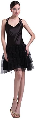 Vogue007 Womens Spaghetti Straps Soft Tulle Pongee Solid Formal Dress, Black, 18