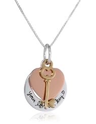 Tri-Colored Sterling Silver with Yellow and Rose Gold Flashed "Your Love Is Key" Pendant and Heart and Key Charms Necklace, 18"