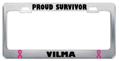 Vilma Proud Survivor Cancer Ribbon Stainless Steel Metal License Plate Frame Tag Border