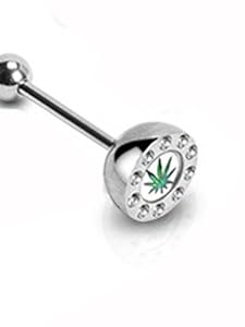 Stainless Steel Barbell (14g) - Marijuana Pot Leaf - Tongue Ring Body Jewelry...
