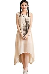 General Print Sleeveless Linen High-Low-Hem  Dress