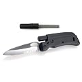 Tool Logic SL3 Tactical Folding 1/2 Serrated Knife With Magnesium Fire Starter and Signal Whistle, Black
