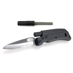 Tool Logic SL3 Tactical Folding 1/2 Serrated Knife With Magnesium Fire Starter and Signal Whistle, Black
