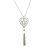Necklace - N205 - Heart with Tassel Pendant ~ Silver Tone