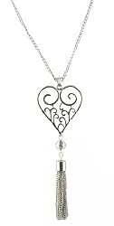 Necklace - N205 - Heart with Tassel Pendant ~ Silver Tone