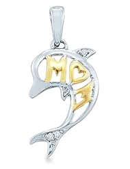 10k Yellow and White 2 Two Tone Gold Mom Heart Dolphin Mothers Day Round Cut Diamond Pendant - 10mm Width * 23mm Height (.02 cttw)