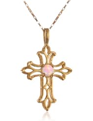 10k Yellow Gold Filigree Cross with Gemstone Pendant Necklace