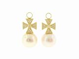 Pave Diamond Maltese Cross and Pearl Earring Charms in Yellow Gold by Jude Frances
