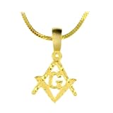 Masonic Square and Compasses. Diamond Cut .18k yellow Gold Plated Charm 19 Steel Necklace Double Herringbone