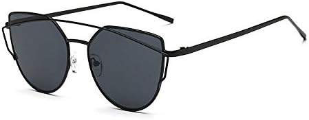 Cat Eye Mirrored Flat Lenses Street Fashion Metal Frame Women Sunglasse (Black Frame/ Black Lens, 53)