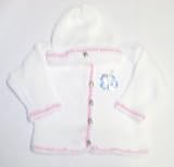 Ck673, Knitted on Hand Knitting Machine White Cotton Trimmed By Hand Crochet with Raspberry Cotton Cardigan Hat for Infant Girls Trimmed with Sequin Appliue