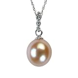 Natural Peach Pink 9.5-10mm Journey Diamond Bail 14k Gold Cultured Pearl Drop Pendant w. Gold Chain Necklace - by Dahlia Classic Jewelry Collection