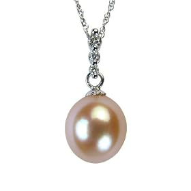 Natural Peach Pink 9.5-10mm Journey Diamond Bail 14k Gold Cultured Pearl Drop Pendant w. Gold Chain Necklace - by Dahlia Classic Jewelry Collection