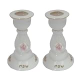 Shabbat Candle Sticks / Holders. White Ceramic. Gold Trim and Shabbat-kadosh in Hebrew (Holly Shabbat). Pink Ceramic Flower on Front. Size: 2.5 Xx 4 Tall. Great Gift For: Shabbat Passover Yom Kippur Rosh Hashanah Chanukah Mother's day Wedding Housewarming Bat and Bar Mitzvah Temple and Jewish Holiday.