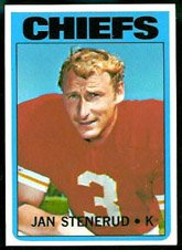 1972 Topps Regular (Football) Card# 61 Jan Stenerud of the Kansas City Chiefs VG Condition