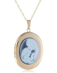 14k Yellow Gold Blue Agate Cameo Oval Locket with Mom and Child Necklace, 20"