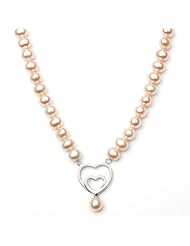 5.5-6.5mm Peach Freshwater Pearl Strand Necklace with Sterling Silver Double Heart Drop and Clasp