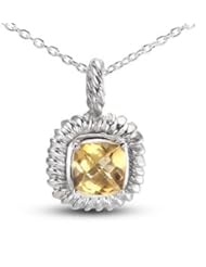 Square Shaped Silver Rhodium Plated Textured Frame Pendant With A Prong Set Cushion Cut Natural Citrine Center Stone